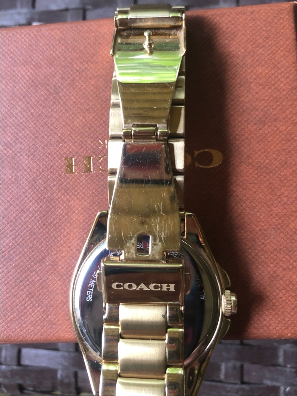 Coach New York Gold watch w/crystals and Coral face - Picture 5 of 8